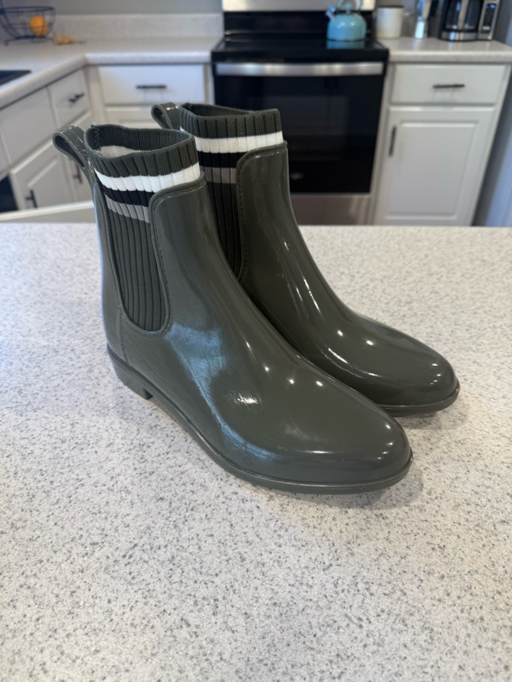 Serra Olive Green Glossy Chelsea Rain Boots with Striped Knit Cuff